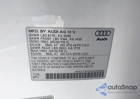 2010 Audi Q7 3.6 Premium из США, поврежденный, VIN WA1LYAFE3AD006880